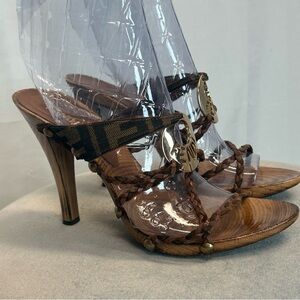 Fendi brown wooden monogram logo medallion strappy mule clogs high heels rare